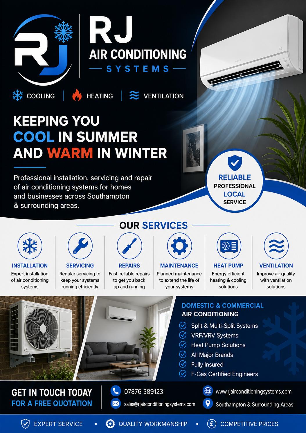 RJ Air Conditioning Systems service brochure showing a modern air conditioning installation
